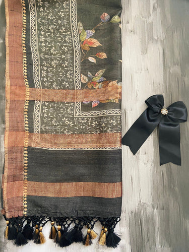 Banarasi Tussar Silk Digital Print Saree | Handwoven and digitally printed | Black | Ships from California